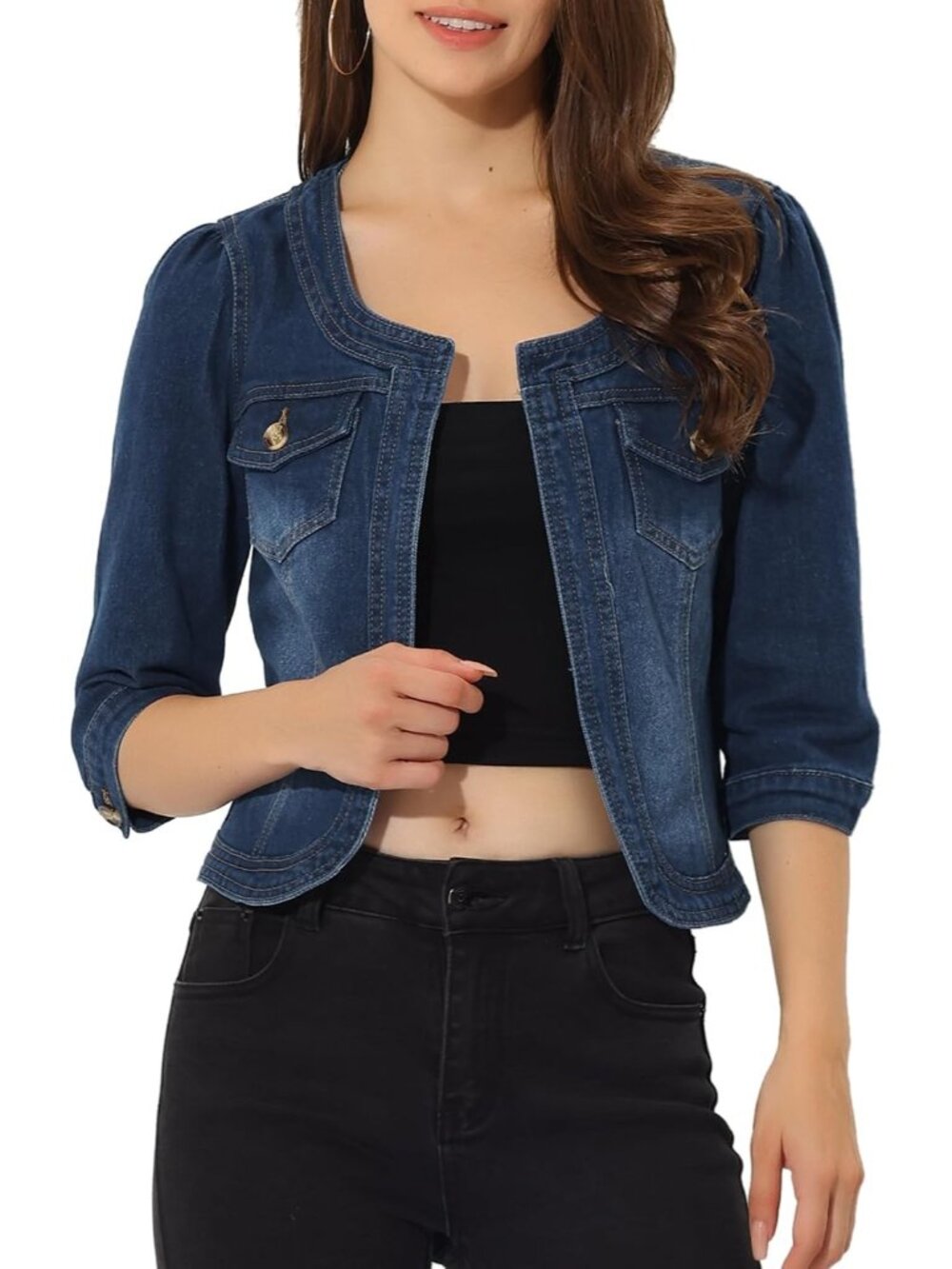〽️Dark Blue Women’s Cropped Jean Jacket | Collarless 3/4 Sleeve Denim Cardigan